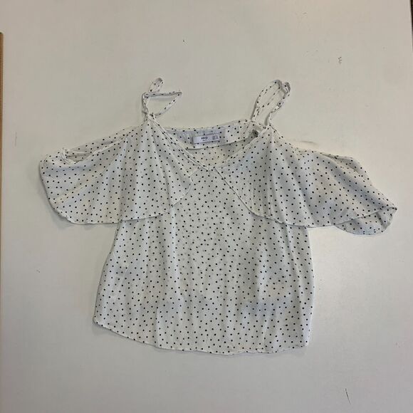 MNG Suit Mango Polka Dot Blouse Womens S Small White Cold Shoulder Drape Shirt - Picture 6 of 11